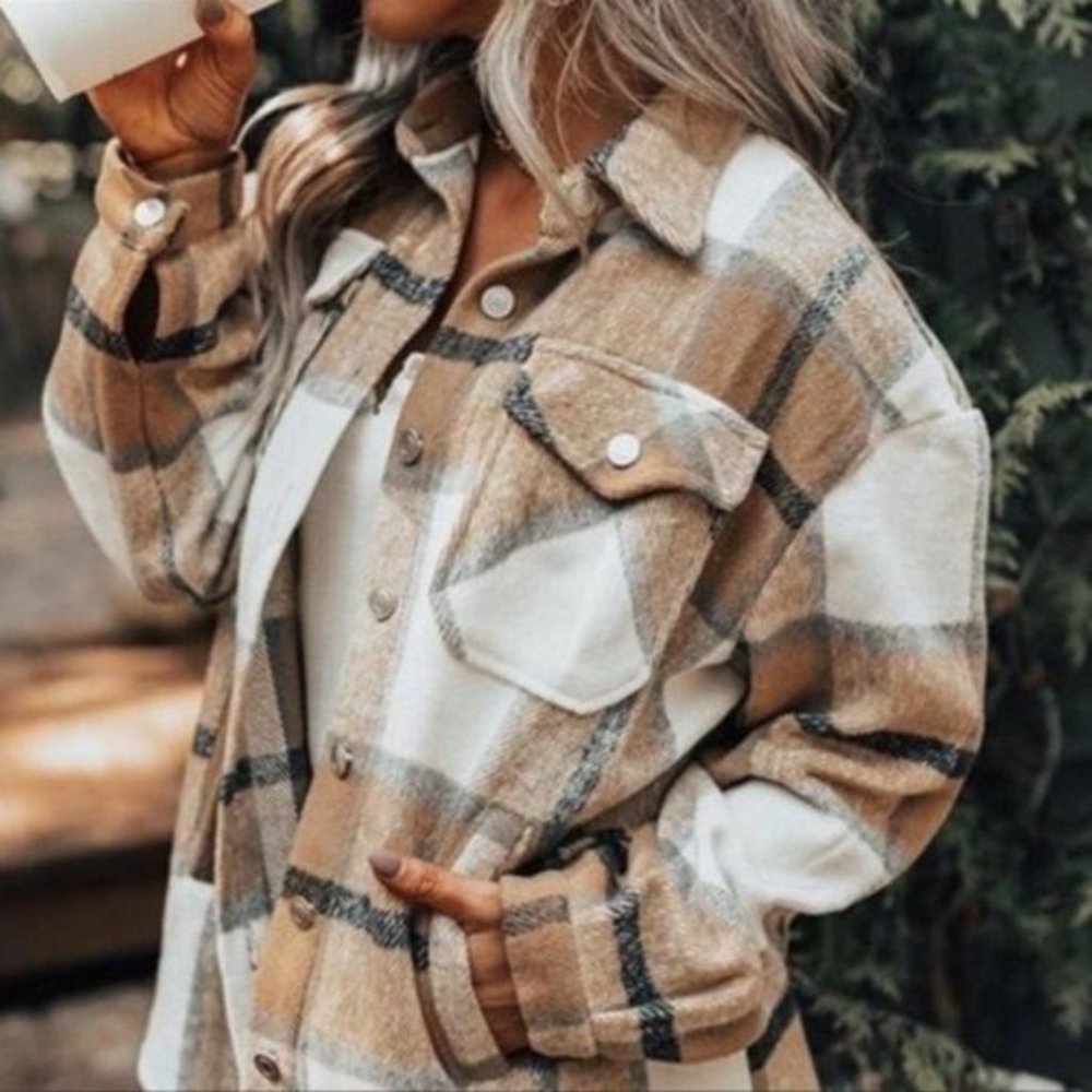 Plaid Flannel Button Shirt Jacket Shacket New Tan Oversized Pockets Wool NEW - Picture 2 of 7
